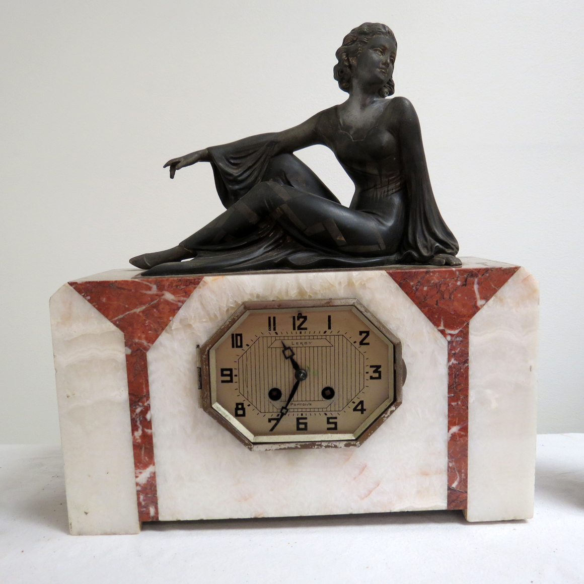 French Art Deco Marble Bronze Le Roy Mantel Clock Garniture Modernism